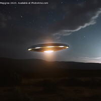 Buy canvas prints of A UFO with a spotlight pointed at the bottom of the landscape -  by Michael Piepgras