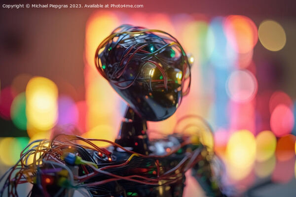 An AI robot almost completely wrapped in brightly coloured fibre Picture Board by Michael Piepgras