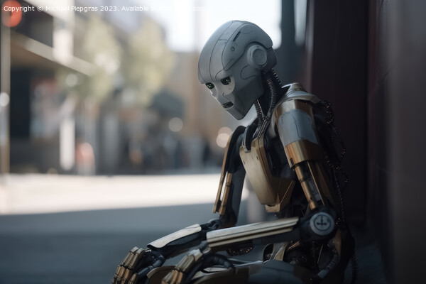 A homeless AI robot sitting on a street corner begging for a few Picture Board by Michael Piepgras
