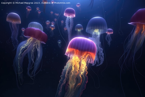 Multiple brightly coloured jellyfish in the depths of the ocean  Picture Board by Michael Piepgras