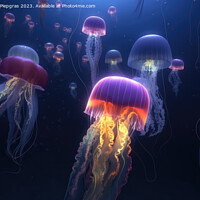 Buy canvas prints of Multiple brightly coloured jellyfish in the depths of the ocean  by Michael Piepgras