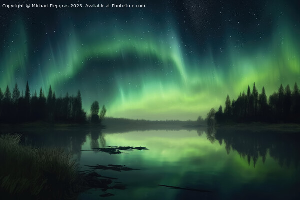 Auroras in green colour and stars over a lake with reflections o Picture Board by Michael Piepgras