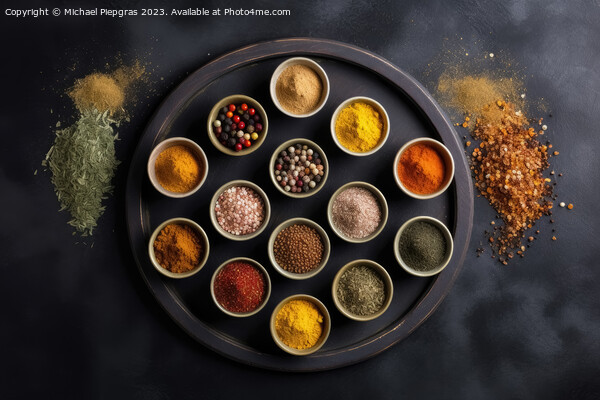 View from above of numerous spices in small bowls on a dark slat Picture Board by Michael Piepgras