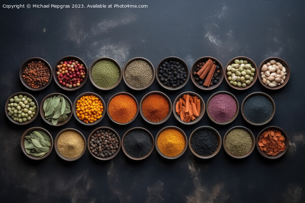 View from above of numerous spices in small bowls on a dark slat Picture Board by Michael Piepgras