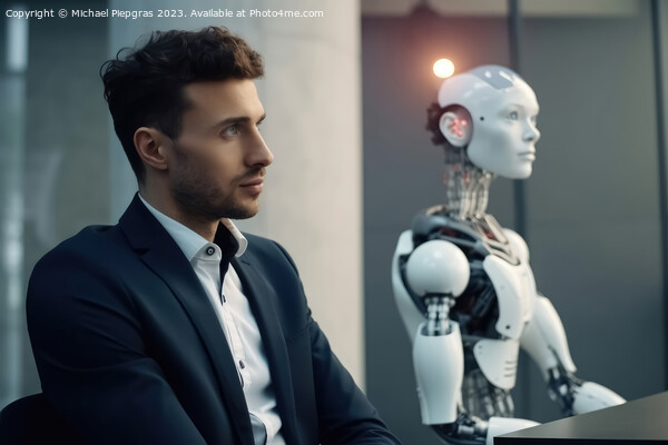 Man and AI robot waiting for the same job interview created with Picture Board by Michael Piepgras