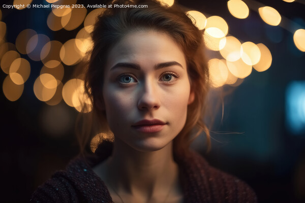 A beautiful portrait of a young woman with soft bokeh lights cre Picture Board by Michael Piepgras
