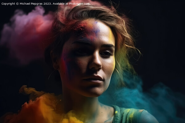 Exploding colour powder in rainbow colours forming a portrait of Picture Board by Michael Piepgras