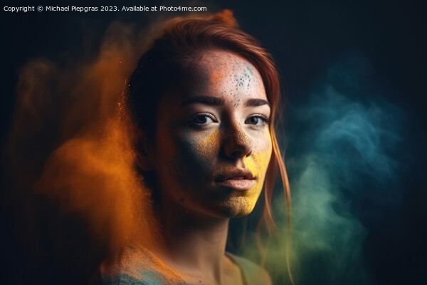 Exploding colour powder in rainbow colours forming a portrait of Picture Board by Michael Piepgras