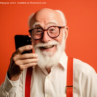 Buy canvas prints of A happy retired old man holding a smartphone in his hands create by Michael Piepgras