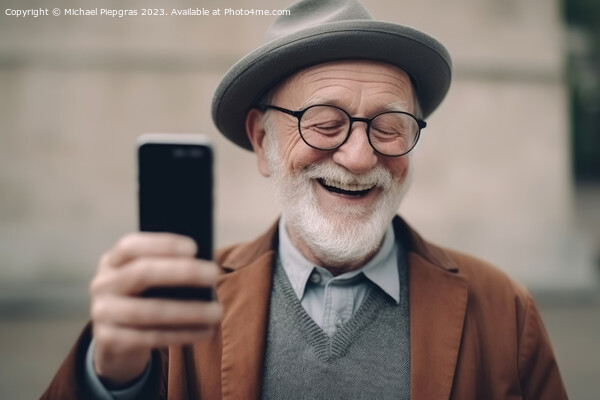 A happy retired old man holding a smartphone in his hands create Picture Board by Michael Piepgras