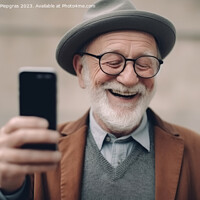 Buy canvas prints of A happy retired old man holding a smartphone in his hands create by Michael Piepgras