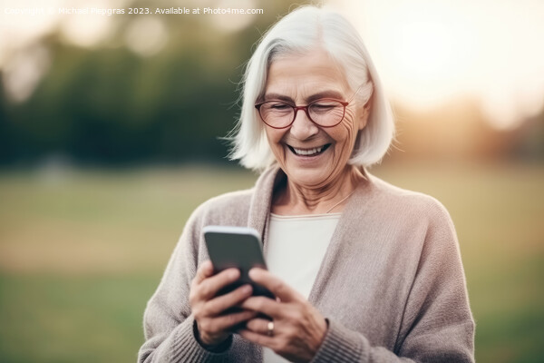A happy retired old woman holding a smartphone in her hands crea Picture Board by Michael Piepgras