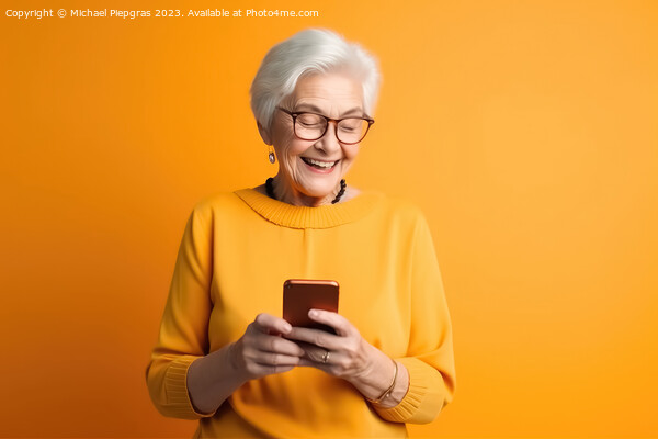 A happy retired old woman holding a smartphone in her hands crea Picture Board by Michael Piepgras