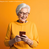 Buy canvas prints of A happy retired old woman holding a smartphone in her hands crea by Michael Piepgras