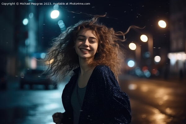 A happy woman runs around dancing at night in a modern city crea Picture Board by Michael Piepgras
