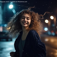 Buy canvas prints of A happy woman runs around dancing at night in a modern city crea by Michael Piepgras