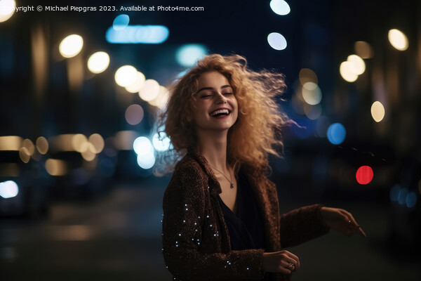 A happy woman runs around dancing at night in a modern city crea Picture Board by Michael Piepgras