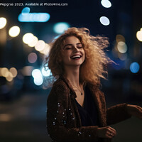 Buy canvas prints of A happy woman runs around dancing at night in a modern city crea by Michael Piepgras