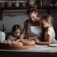 Buy canvas prints of A mother baking with children in bright kitchen created with gen by Michael Piepgras
