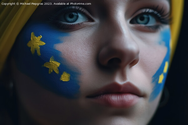 Close up of a female face with ukrainian colors created with gen Picture Board by Michael Piepgras