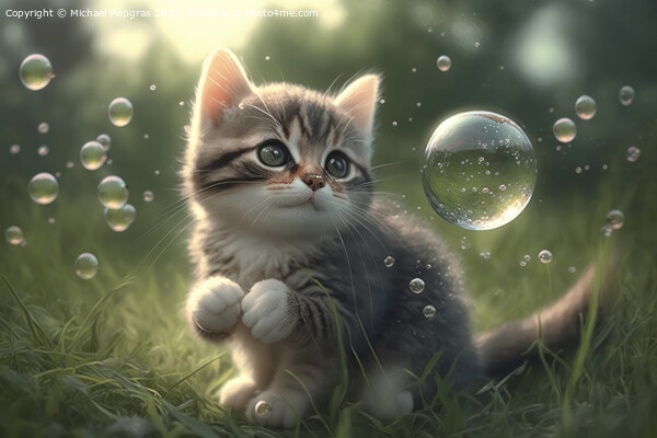 A cute kitten plays with soap bubbles in the flat grass created with generative AI technology. Picture Board by Michael Piepgras