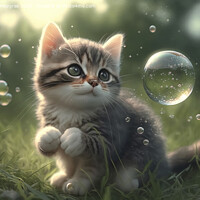 Buy canvas prints of A cute kitten plays with soap bubbles in the flat grass created with generative AI technology. by Michael Piepgras
