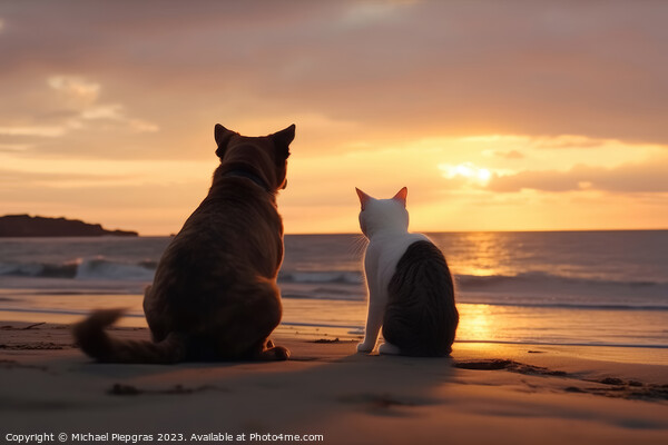 A dog and a cat seen from behind on the beach look dreamily into Picture Board by Michael Piepgras
