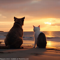 Buy canvas prints of A dog and a cat seen from behind on the beach look dreamily into by Michael Piepgras