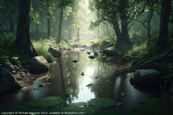 A dark forest with floating water created with generative AI tec Picture Board by Michael Piepgras