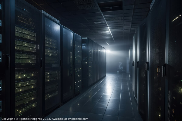 A large data centre with many computer racks in dark light with  Picture Board by Michael Piepgras