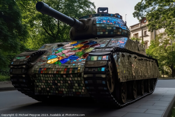 A military tank made of stained glas on a road created with gene Picture Board by Michael Piepgras