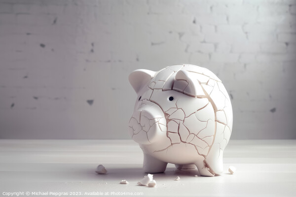 A sad piggy bank with cracks and a plaster indicates insolvency  Picture Board by Michael Piepgras