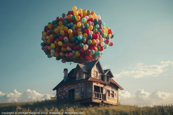 A small vintage house floats through the sky on many colourful b Picture Board by Michael Piepgras