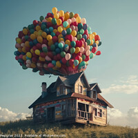 Buy canvas prints of A small vintage house floats through the sky on many colourful b by Michael Piepgras
