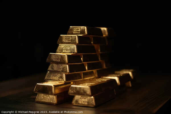 A stack of gold bars on a dark tabletop created with generative  Picture Board by Michael Piepgras