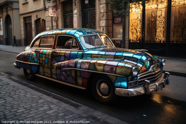 A stained glass vintage car on an empty street created with generative AI technology Picture Board by Michael Piepgras