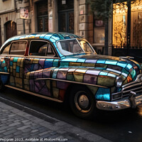 Buy canvas prints of A stained glass vintage car on an empty street created with generative AI technology by Michael Piepgras