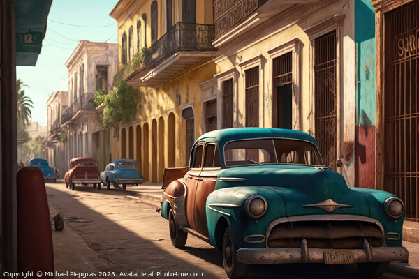 A Street in a town in a cubanic look with a lot of old rusty car Picture Board by Michael Piepgras