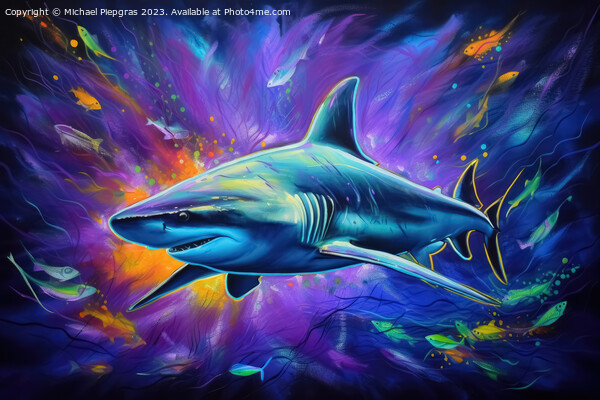 Blacklight Painting of a shark in the Ocean created with generative AI technology. Picture Board by Michael Piepgras