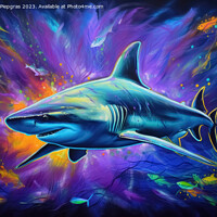 Buy canvas prints of Blacklight Painting of a shark in the Ocean created with generative AI technology. by Michael Piepgras