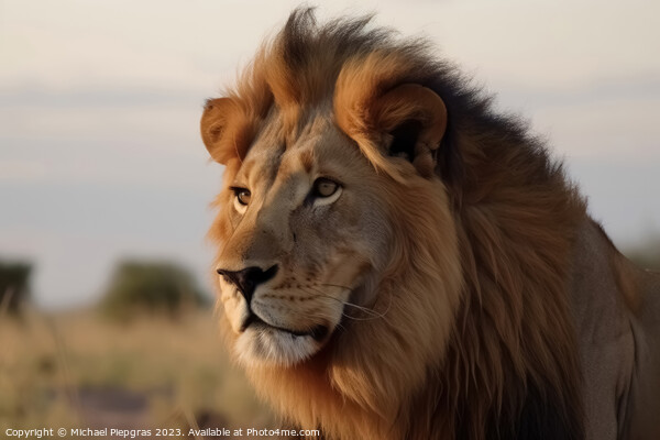 Portrait of a strong male lion with the African savanna in the b Picture Board by Michael Piepgras