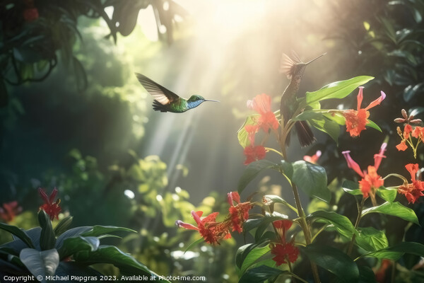 Several hummingbirds buzzing around flowers in a jungle created  Picture Board by Michael Piepgras