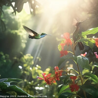Buy canvas prints of Several hummingbirds buzzing around flowers in a jungle created  by Michael Piepgras