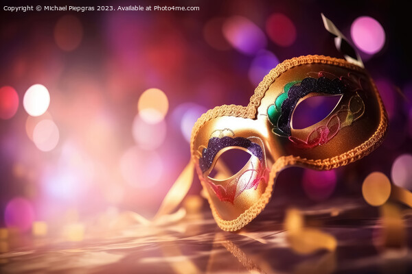 Venetian carnival mask with shiny lights and a defocused bokeh c Picture Board by Michael Piepgras