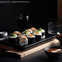 Buy canvas prints of Very tasty sushi served on a dark wooden plate with chopsticks a by Michael Piepgras