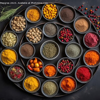 Buy canvas prints of View from above of numerous spices in small bowls on a dark slat by Michael Piepgras