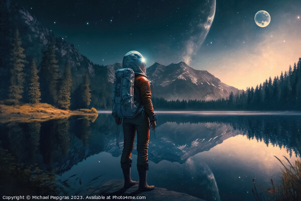 A female astronaut stands by a lake and looks at the stars creat Picture Board by Michael Piepgras