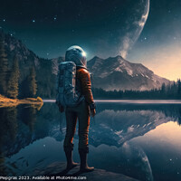 Buy canvas prints of A female astronaut stands by a lake and looks at the stars creat by Michael Piepgras
