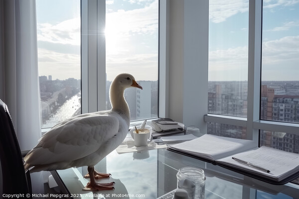 A goose with white feathers works hard at a desk in the office c Picture Board by Michael Piepgras
