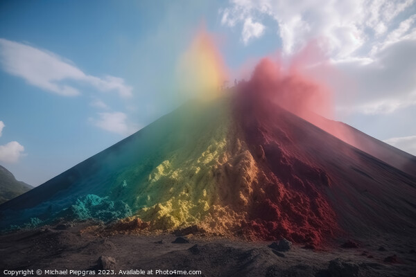 A huge volcano seen from far away erupting rainbow colored colou Picture Board by Michael Piepgras